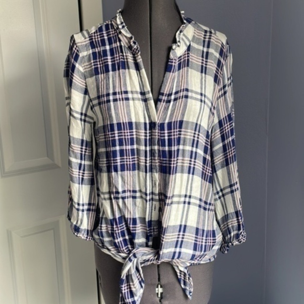 Harve Bernard top medium 100% rayon blue pink white button up ties in frโฆ